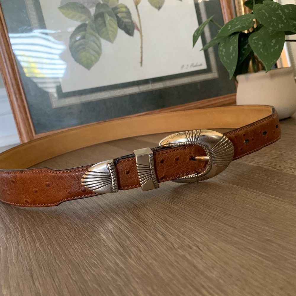 Vintage cognac leather belt with silver buckle